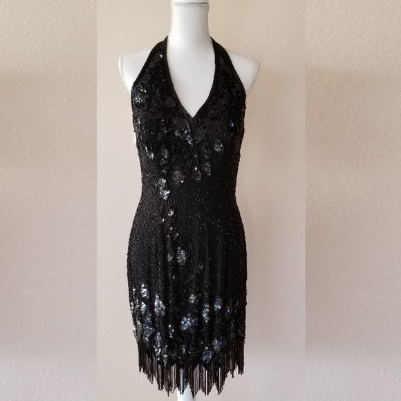 Niteline Dresses & Skirts - Backless Halter Beaded and Sequin Cocktail Dress